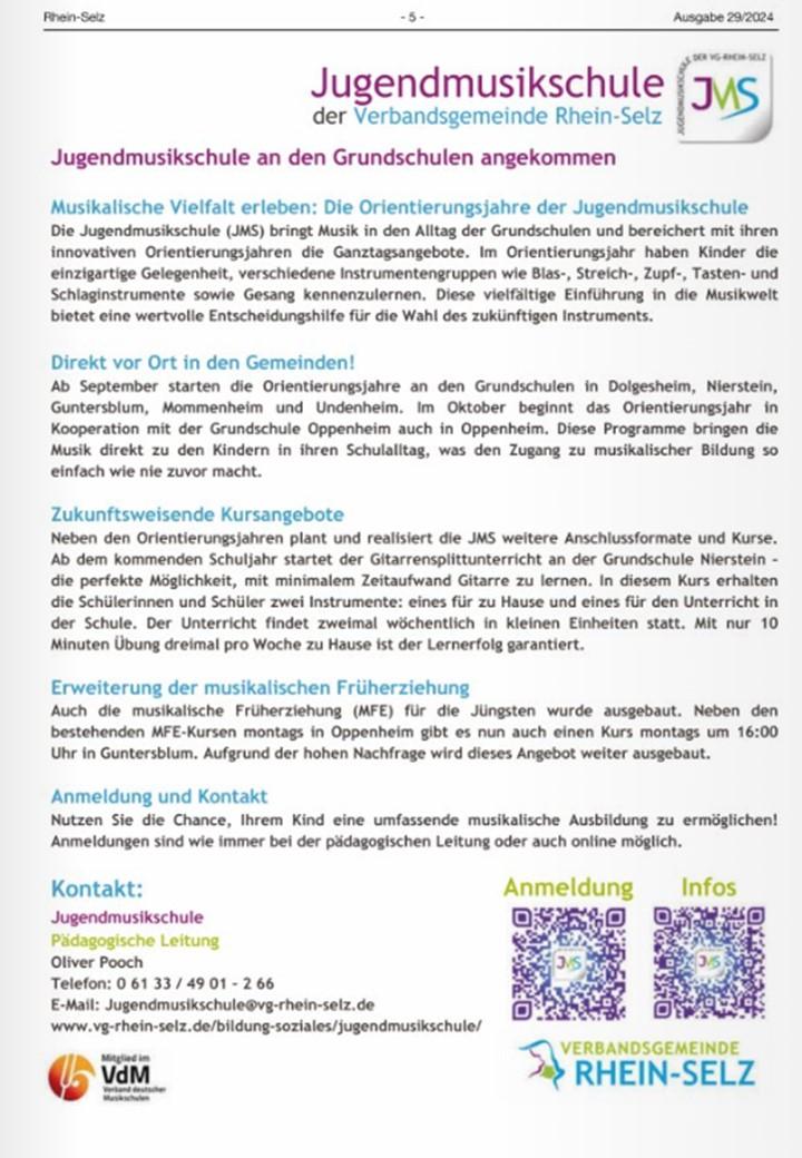 Anzeige Jugendmuikschule VG Rhein-Selz